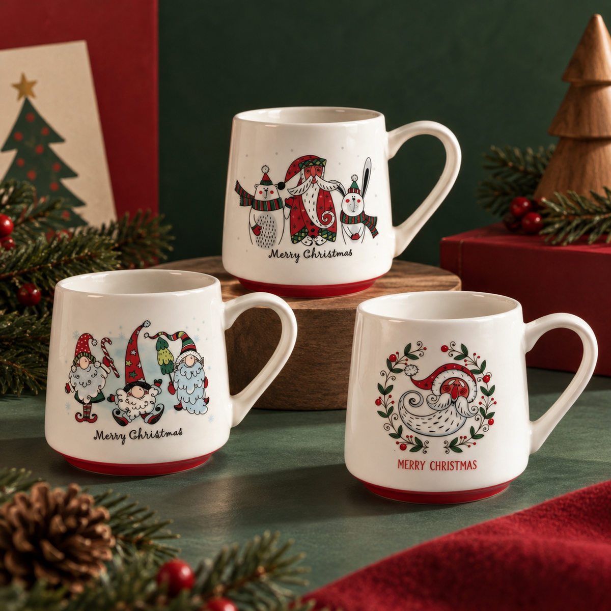 Yuletide Folk Collection – Decal Print, Base Colored Glaze Ceramic Mug Set