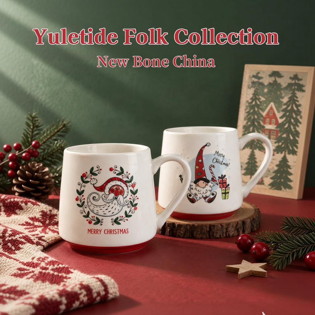 Yuletide Folk Collection – Decal Print, Base Colored Glaze Ceramic Mug Set