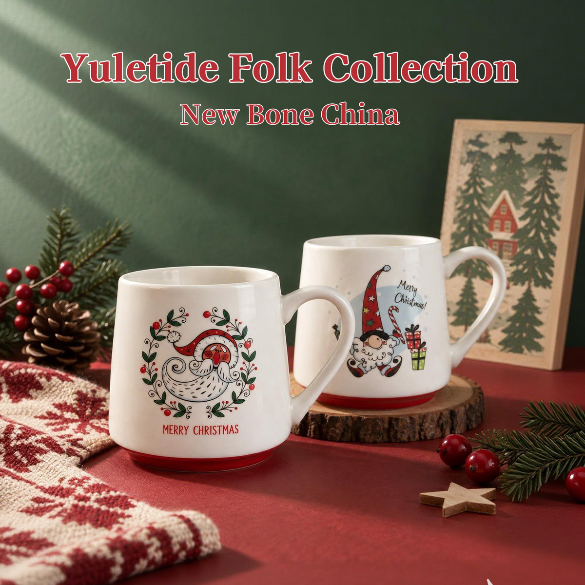 Yuletide Folk Collection – Decal Print, Base Colored Glaze Ceramic Mug Set