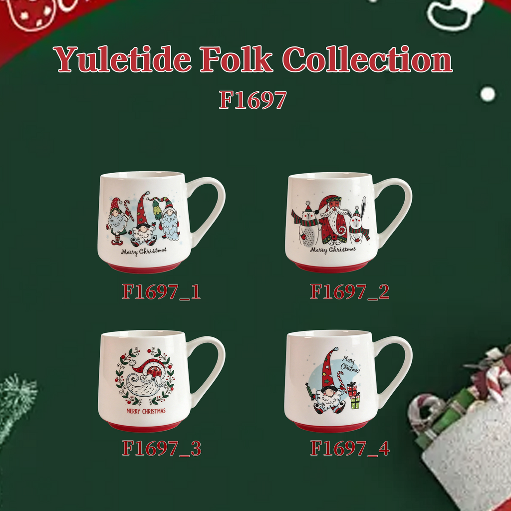 Yuletide Folk Collection – Decal Print, Base Colored Glaze Ceramic Mug Set