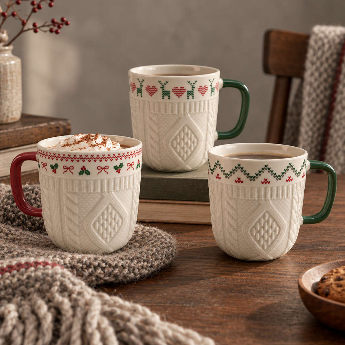Knit Hearth Collection – Embossed Texture, Decal Print Ceramic Mug Set