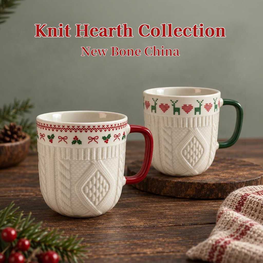 Knit Hearth Collection – Embossed Texture, Decal Print Ceramic Mug Set