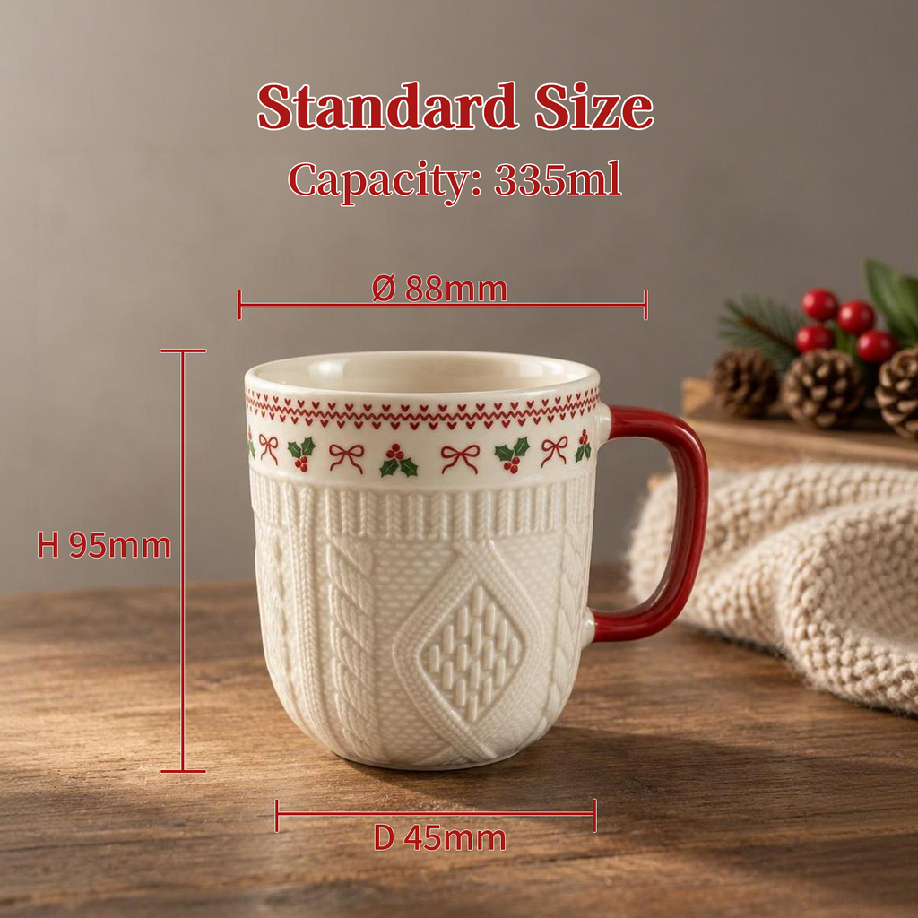 Knit Hearth Collection – Embossed Texture, Decal Print Ceramic Mug Set