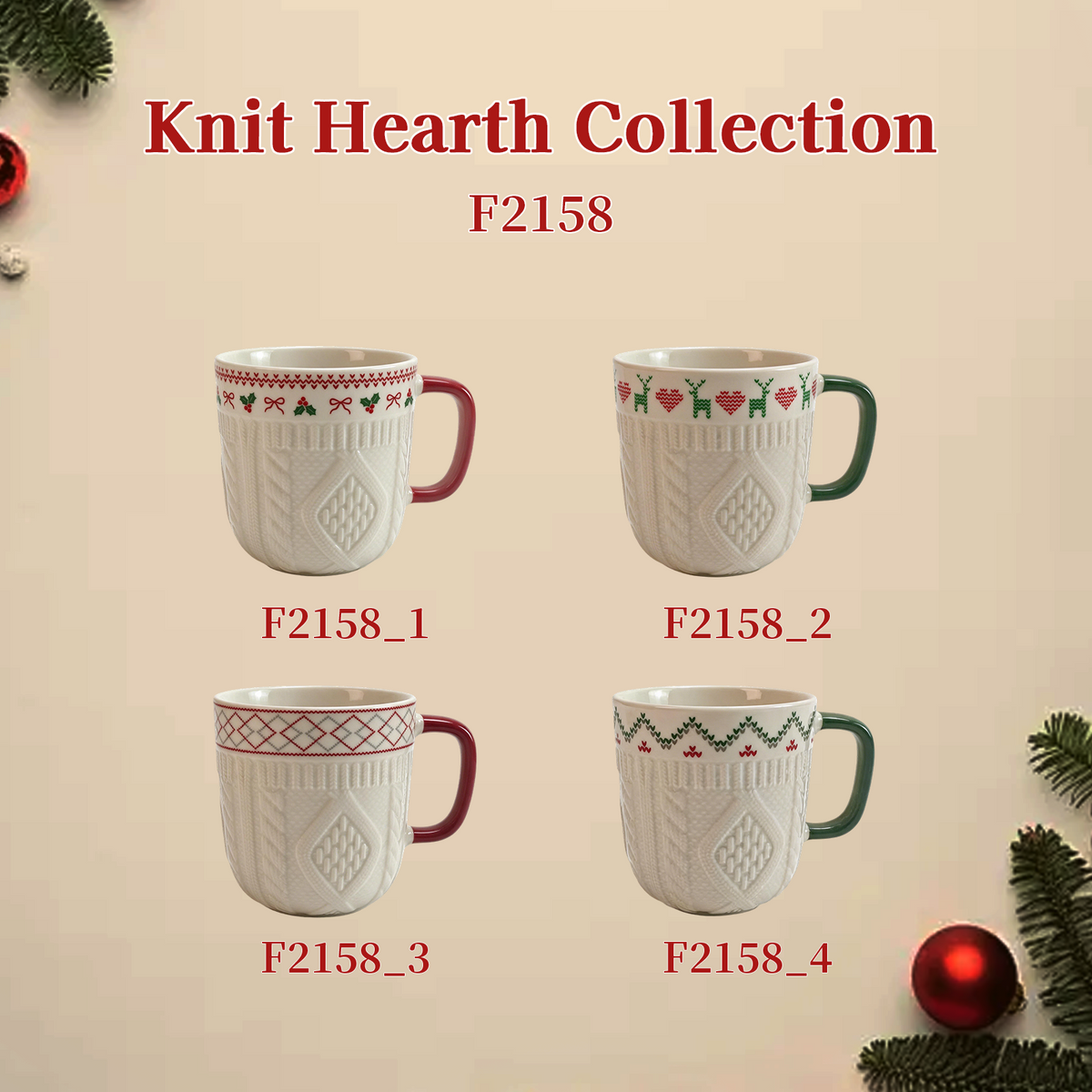 Knit Hearth Collection – Embossed Texture, Decal Print Ceramic Mug Set