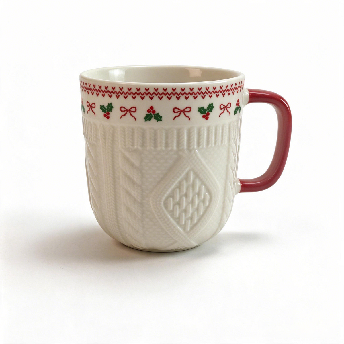 Knit Hearth Collection – Embossed Texture, Decal Print Ceramic Mug Set