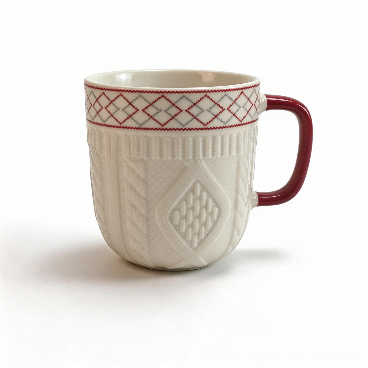 Knit Hearth Collection – Embossed Texture, Decal Print Ceramic Mug Set