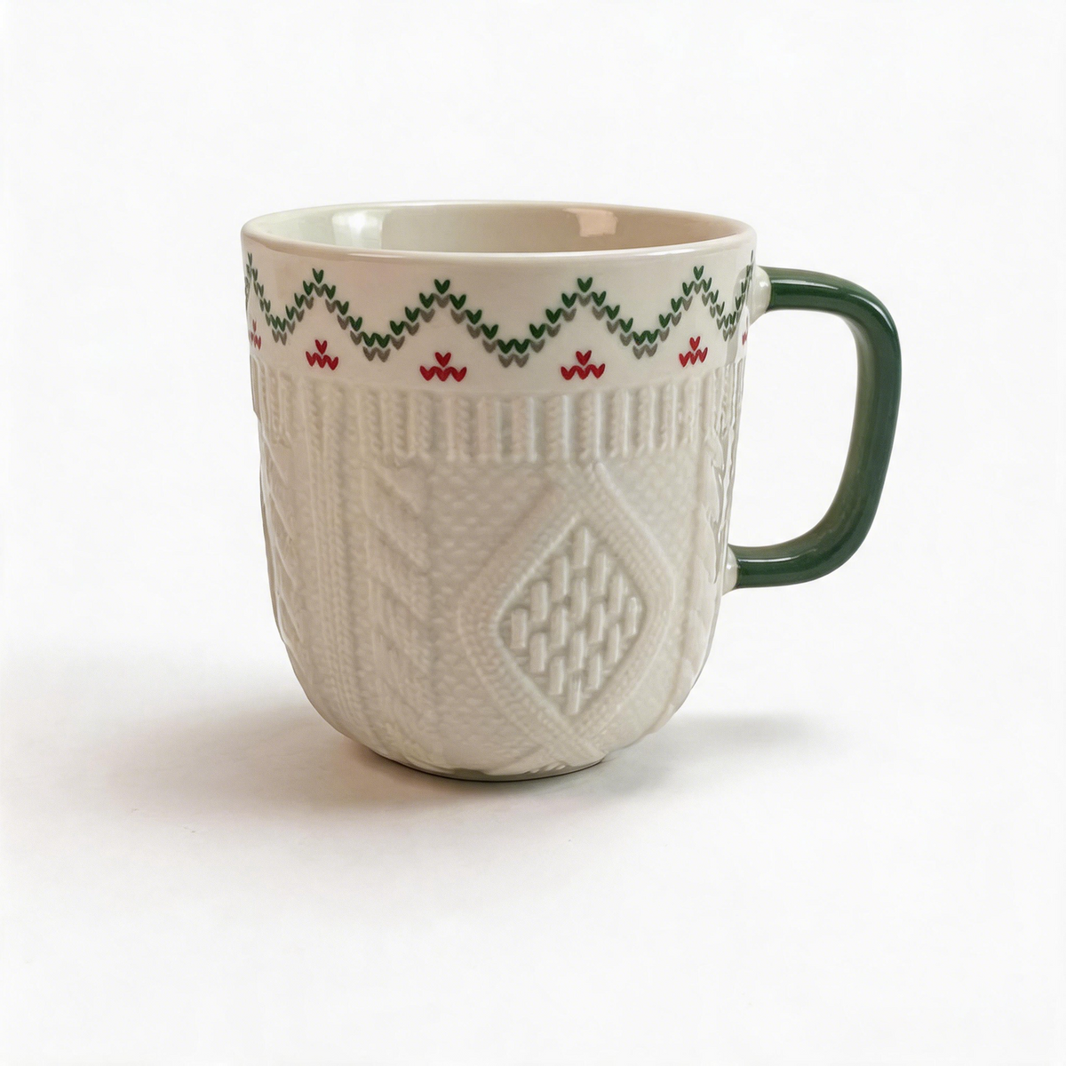 Knit Hearth Collection – Embossed Texture, Decal Print Ceramic Mug Set