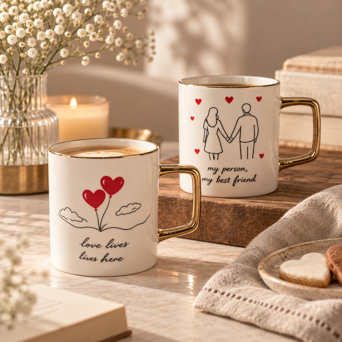 Lover’s Verse Collection – Single‑Side Registered Screen Printing, Electro‑plated Ceramic Mug Set