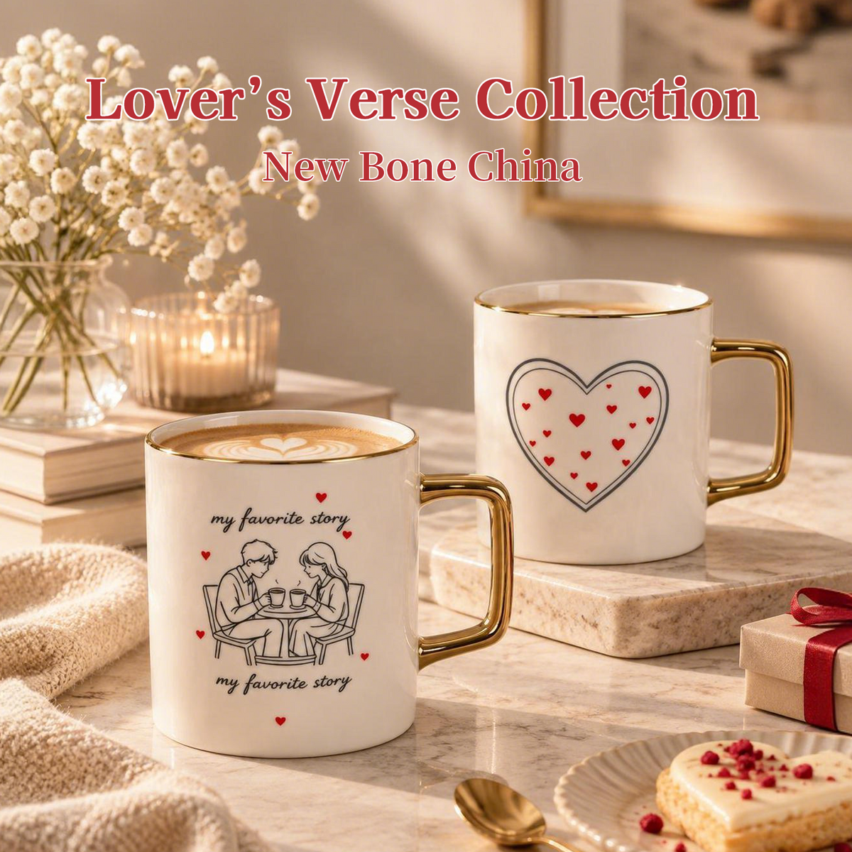Lover’s Verse Collection – Single‑Side Registered Screen Printing, Electro‑plated Ceramic Mug Set