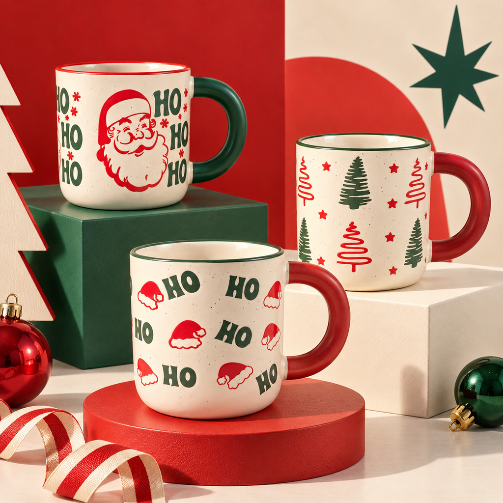 Jolly Jingles Collection – All-over Registered Screen Printing, Speckled Glaze, Colored Rim Ceramic Mug Set