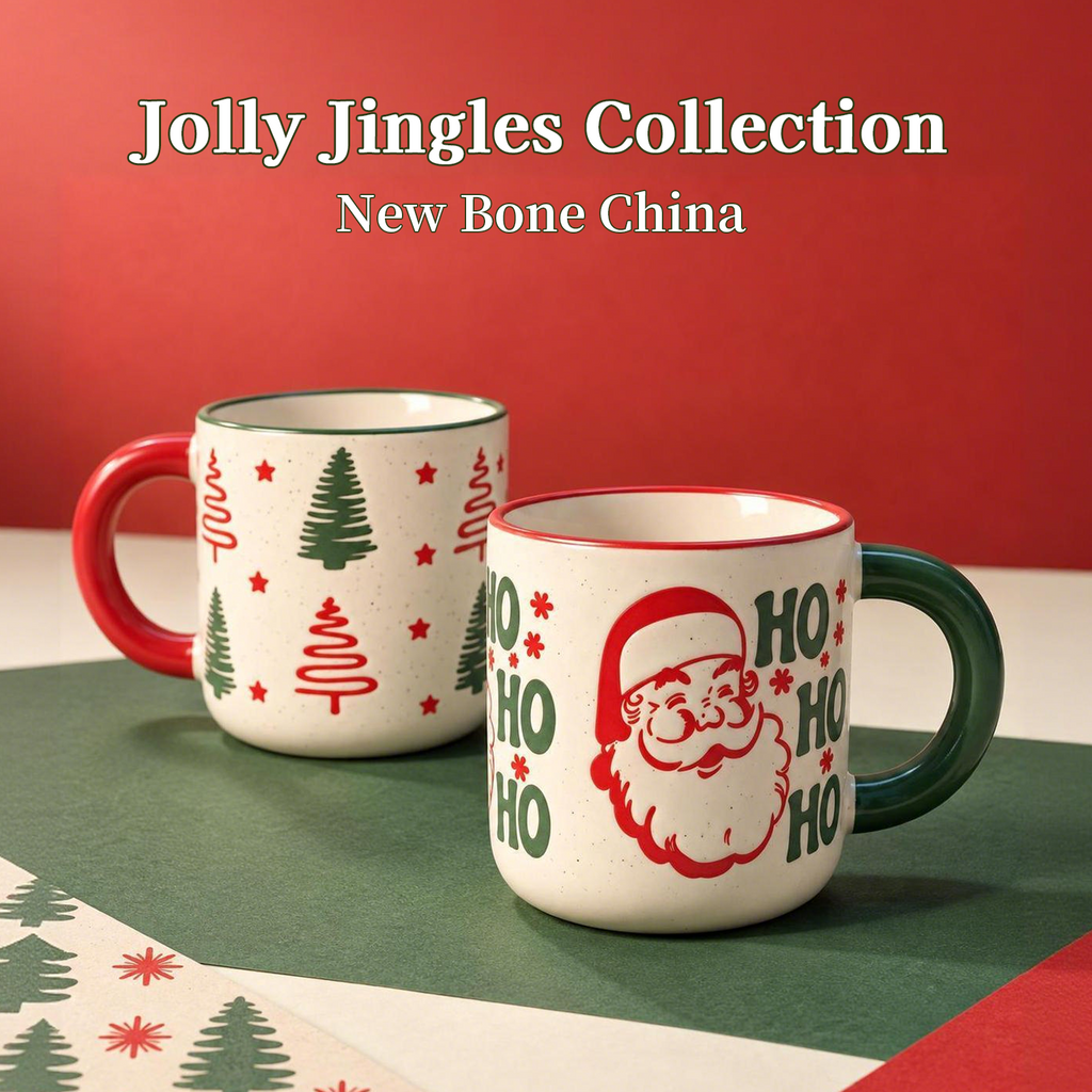 Jolly Jingles Collection – All-over Registered Screen Printing, Speckled Glaze, Colored Rim Ceramic Mug Set
