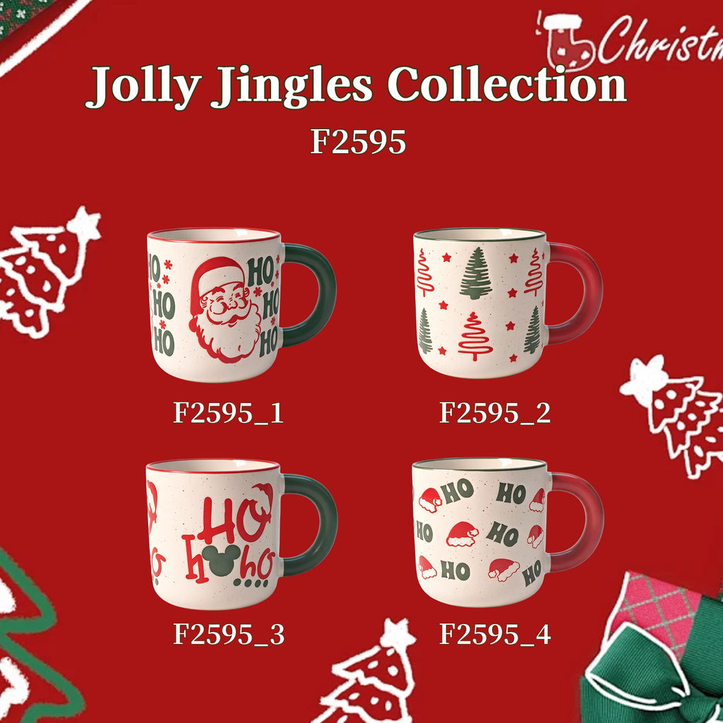 Jolly Jingles Collection – All-over Registered Screen Printing, Speckled Glaze, Colored Rim Ceramic Mug Set