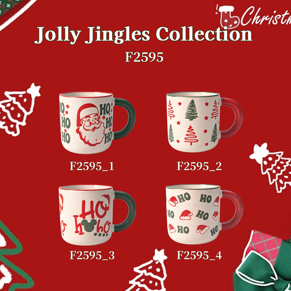 Jolly Jingles Collection – All-over Registered Screen Printing, Speckled Glaze, Colored Rim Ceramic Mug Set