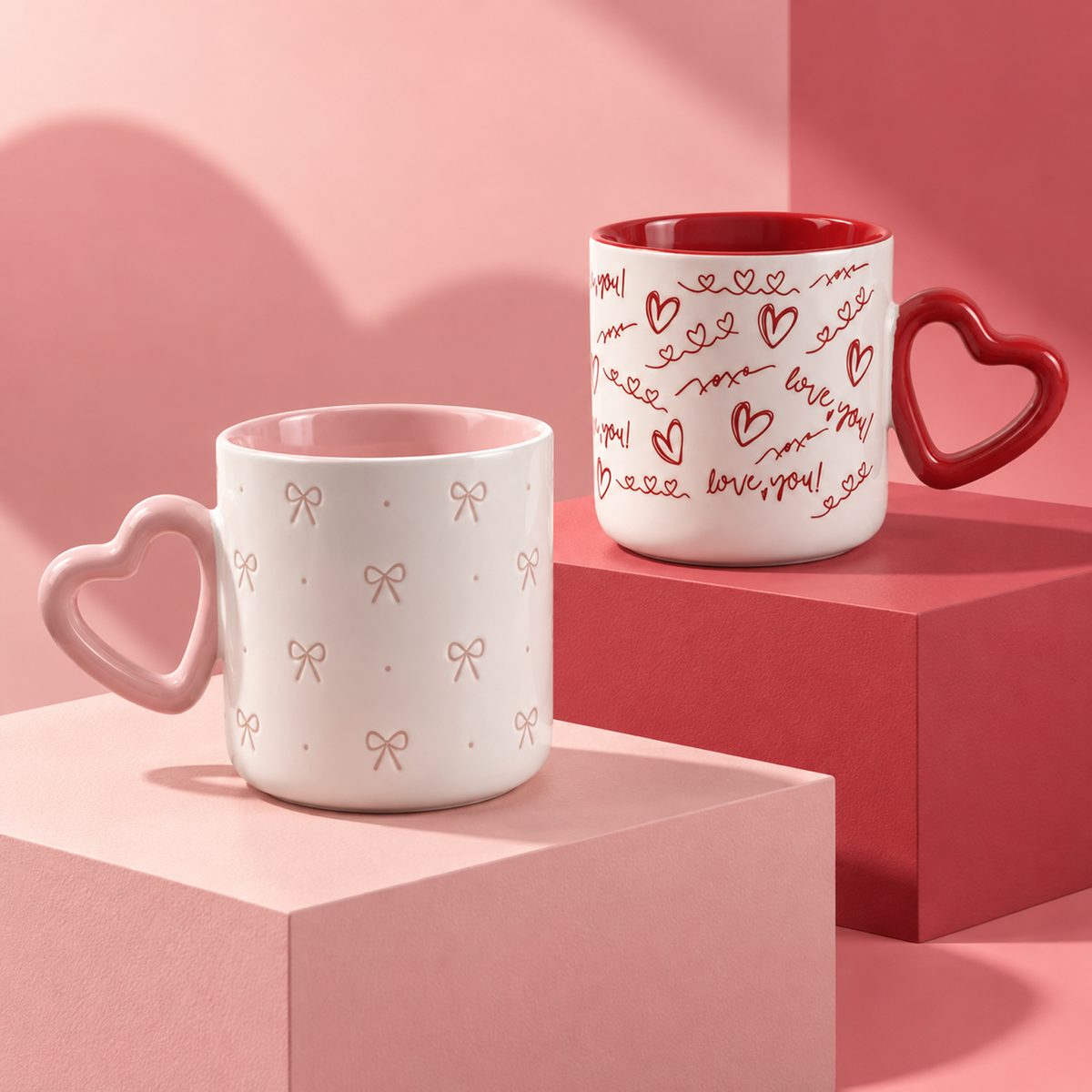 Heart Script Collection – Interior Bright Glaze, All-over Screen Printing, Heart-shaped Handle Ceramic Mug Set