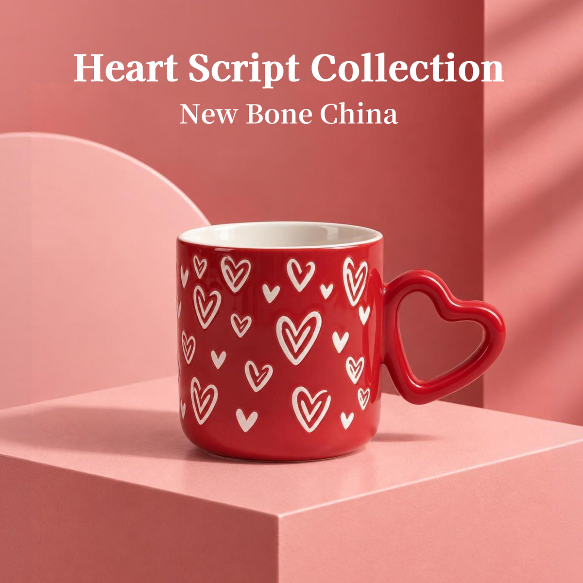 Heart Script Collection – Interior Bright Glaze, All-over Screen Printing, Heart-shaped Handle Ceramic Mug Set