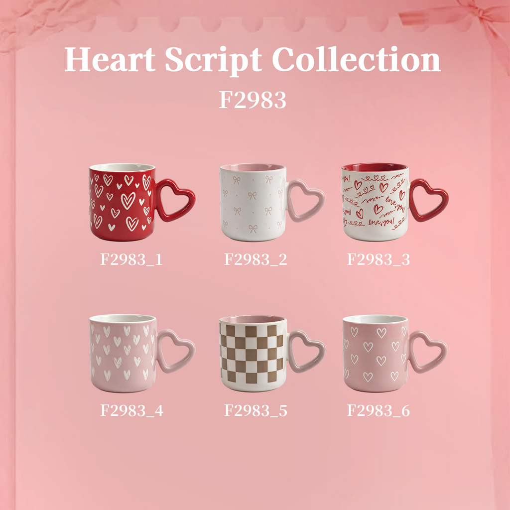 Heart Script Collection – Interior Bright Glaze, All-over Screen Printing, Heart-shaped Handle Ceramic Mug Set