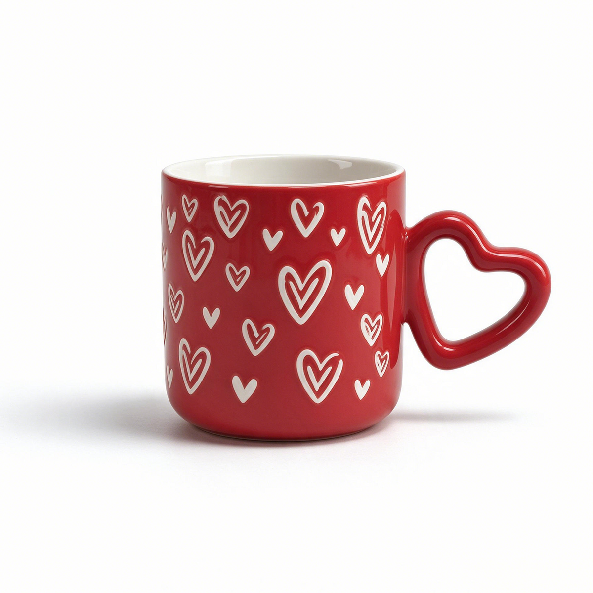 Heart Script Collection – Interior Bright Glaze, All-over Screen Printing, Heart-shaped Handle Ceramic Mug Set