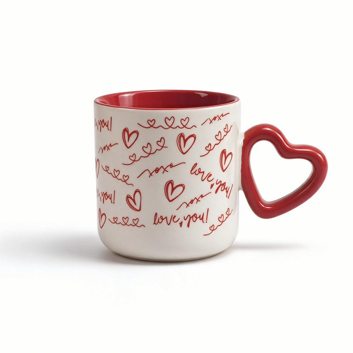 Heart Script Collection – Interior Bright Glaze, All-over Screen Printing, Heart-shaped Handle Ceramic Mug Set