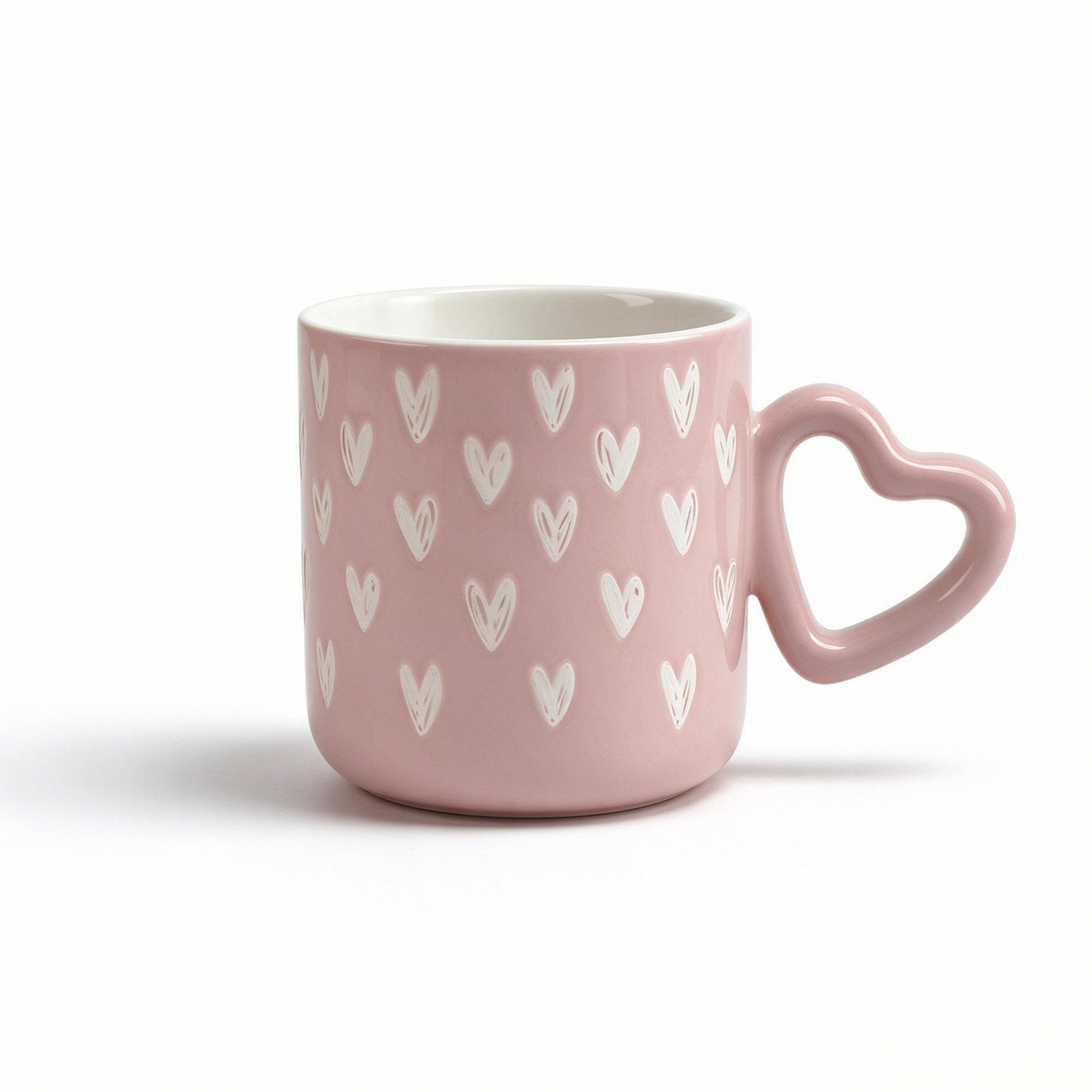 Heart Script Collection – Interior Bright Glaze, All-over Screen Printing, Heart-shaped Handle Ceramic Mug Set