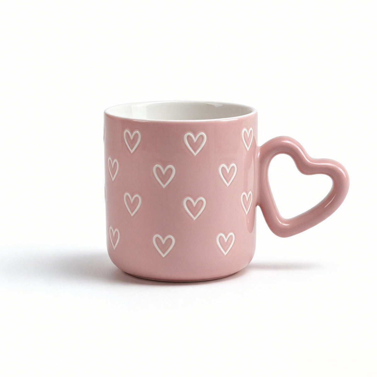 Heart Script Collection – Interior Bright Glaze, All-over Screen Printing, Heart-shaped Handle Ceramic Mug Set