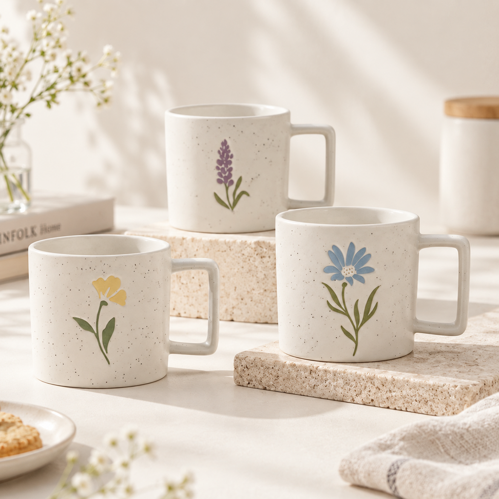 Meadow Bloom Collection – Matte Single-Side Registered Screen Printing, All-over Speckled Ceramic Mug Set