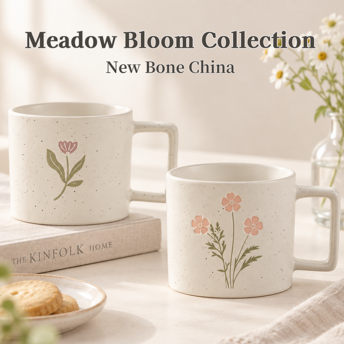 Meadow Bloom Collection – Matte Single-Side Registered Screen Printing, All-over Speckled Ceramic Mug Set