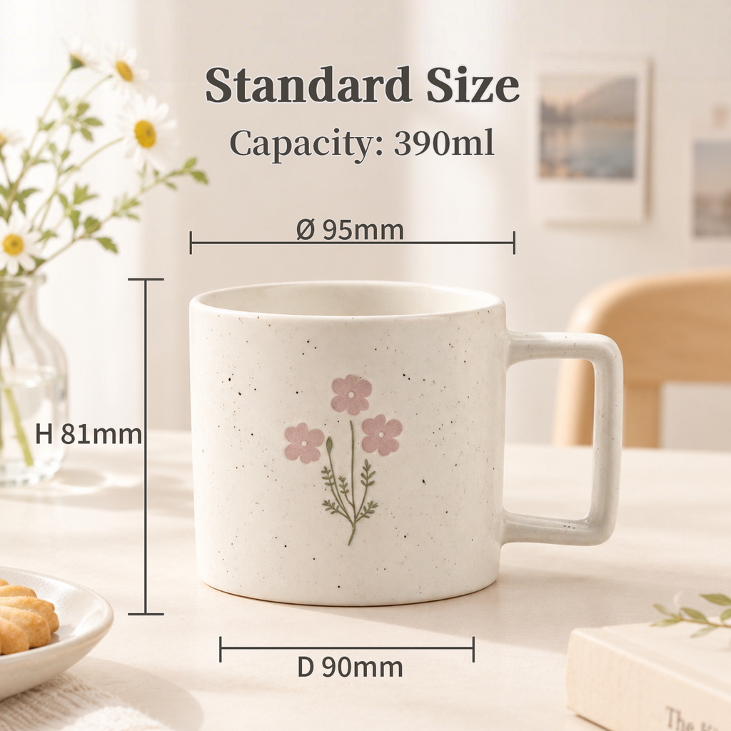 Meadow Bloom Collection – Matte Single-Side Registered Screen Printing, All-over Speckled Ceramic Mug Set
