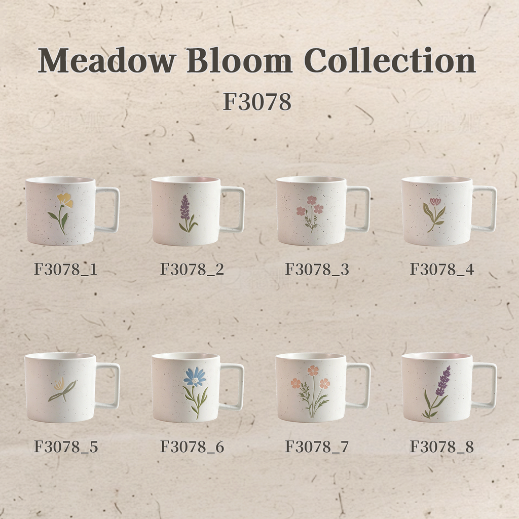 Meadow Bloom Collection – Matte Single-Side Registered Screen Printing, All-over Speckled Ceramic Mug Set