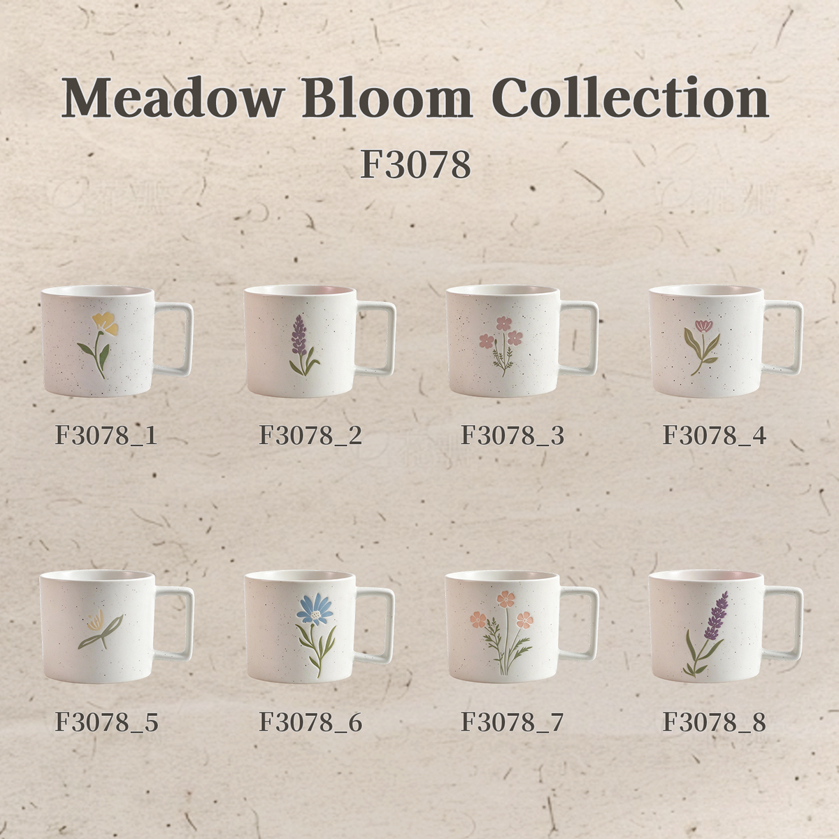 Meadow Bloom Collection – Matte Single-Side Registered Screen Printing, All-over Speckled Ceramic Mug Set