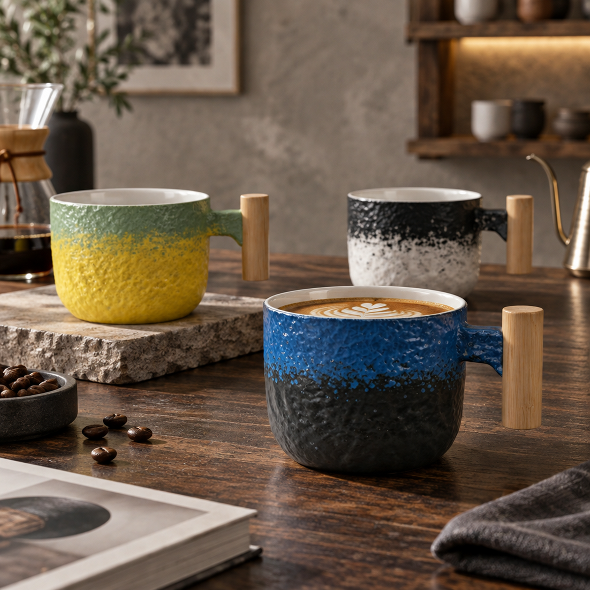 Ridge Glaze Collection – Sprayed Glaze, Wooden Handle Ceramic Mug Set