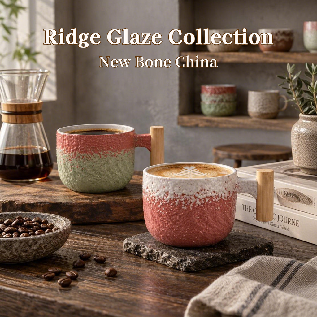 Ridge Glaze Collection – Sprayed Glaze, Wooden Handle Ceramic Mug Set