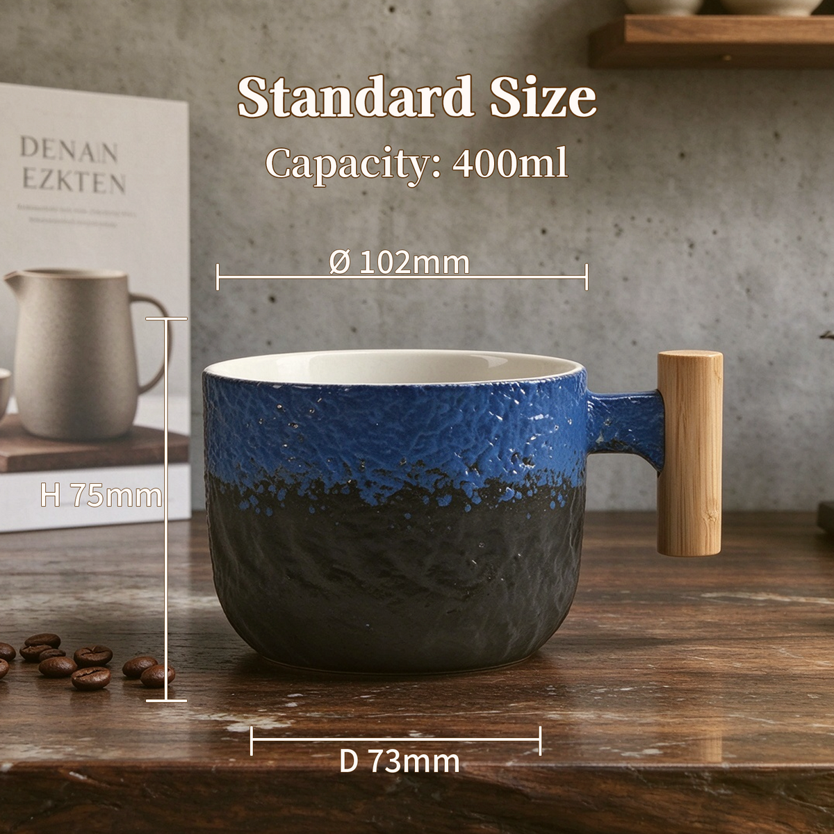 Ridge Glaze Collection – Sprayed Glaze, Wooden Handle Ceramic Mug Set
