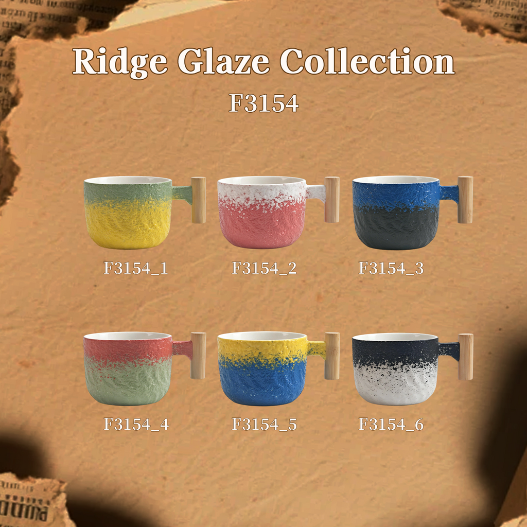 Ridge Glaze Collection – Sprayed Glaze, Wooden Handle Ceramic Mug Set