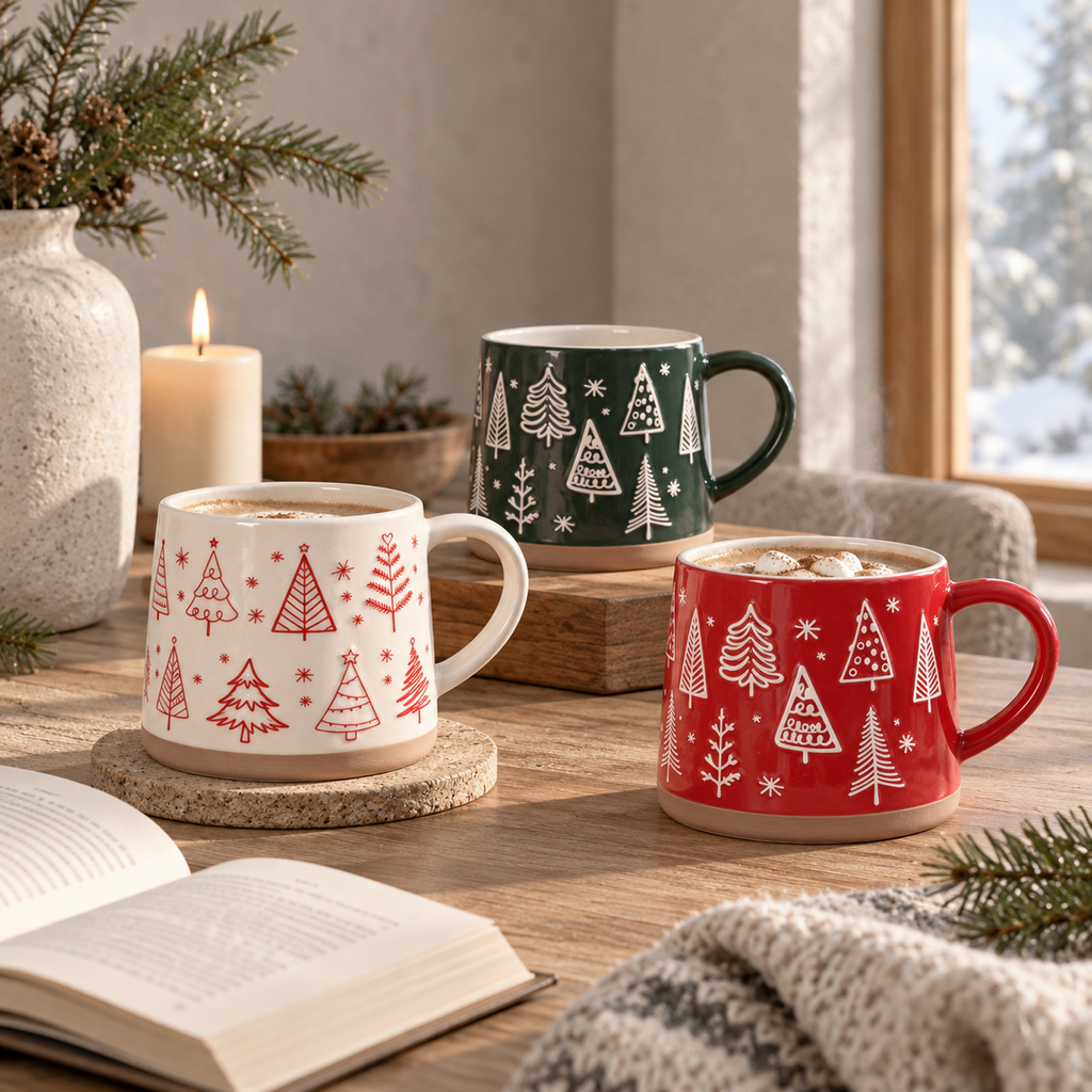 Winter Pines Collection – All‑over Screen Printing, Base Dipped Slip Ceramic Mug Set