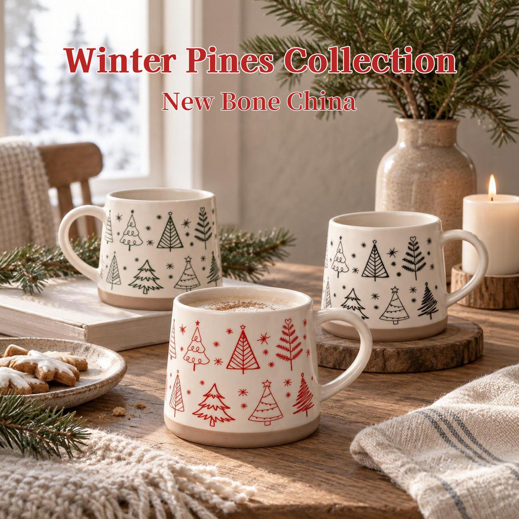 Winter Pines Collection – All‑over Screen Printing, Base Dipped Slip Ceramic Mug Set