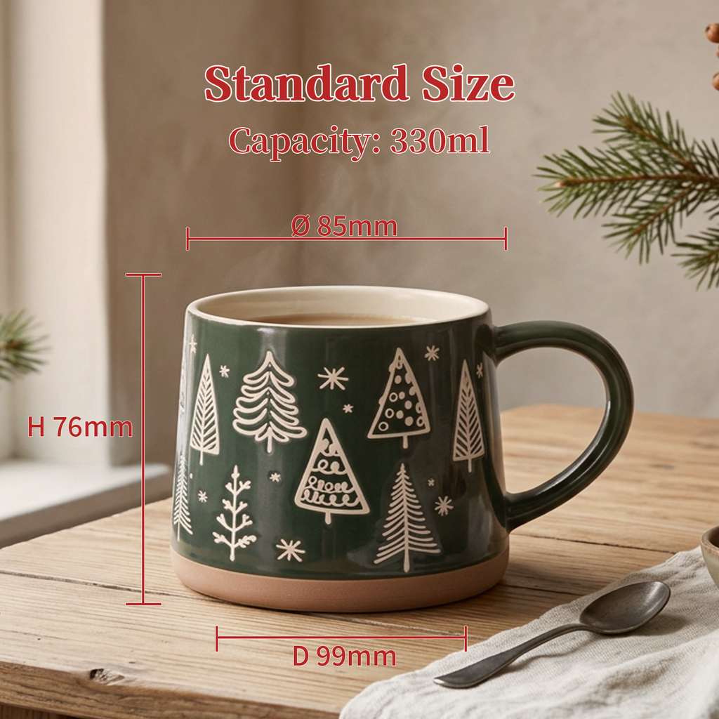 Winter Pines Collection – All‑over Screen Printing, Base Dipped Slip Ceramic Mug Set