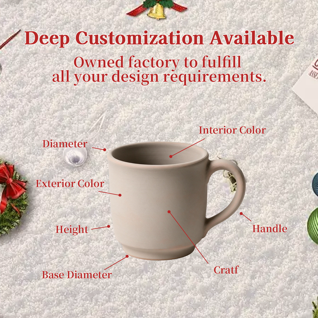 Winter Pines Collection – All‑over Screen Printing, Base Dipped Slip Ceramic Mug Set
