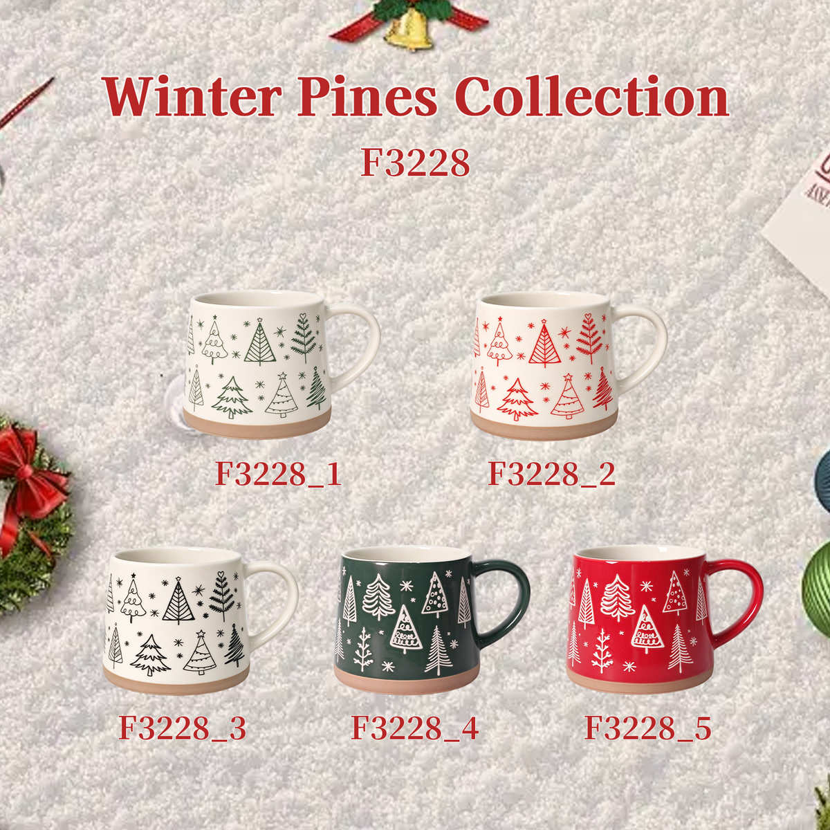 Winter Pines Collection – All‑over Screen Printing, Base Dipped Slip Ceramic Mug Set