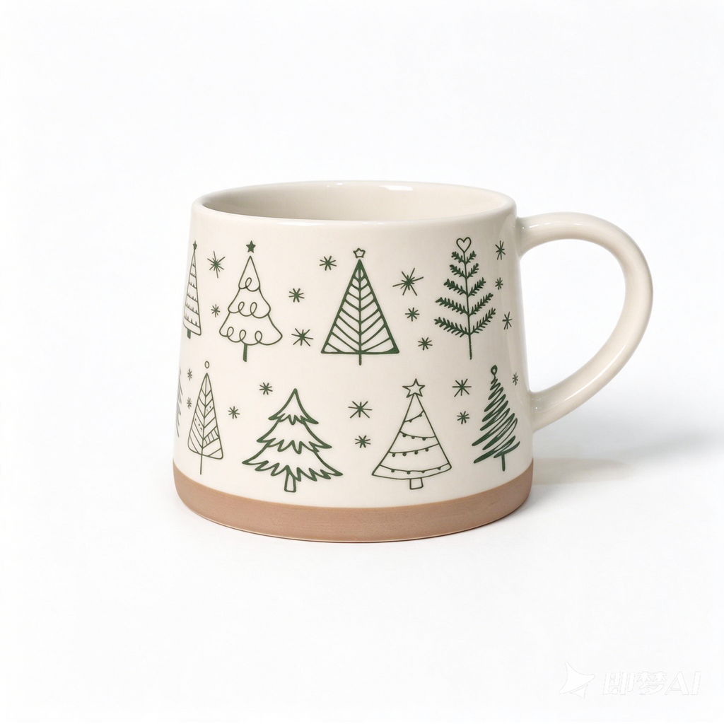 Winter Pines Collection – All‑over Screen Printing, Base Dipped Slip Ceramic Mug Set