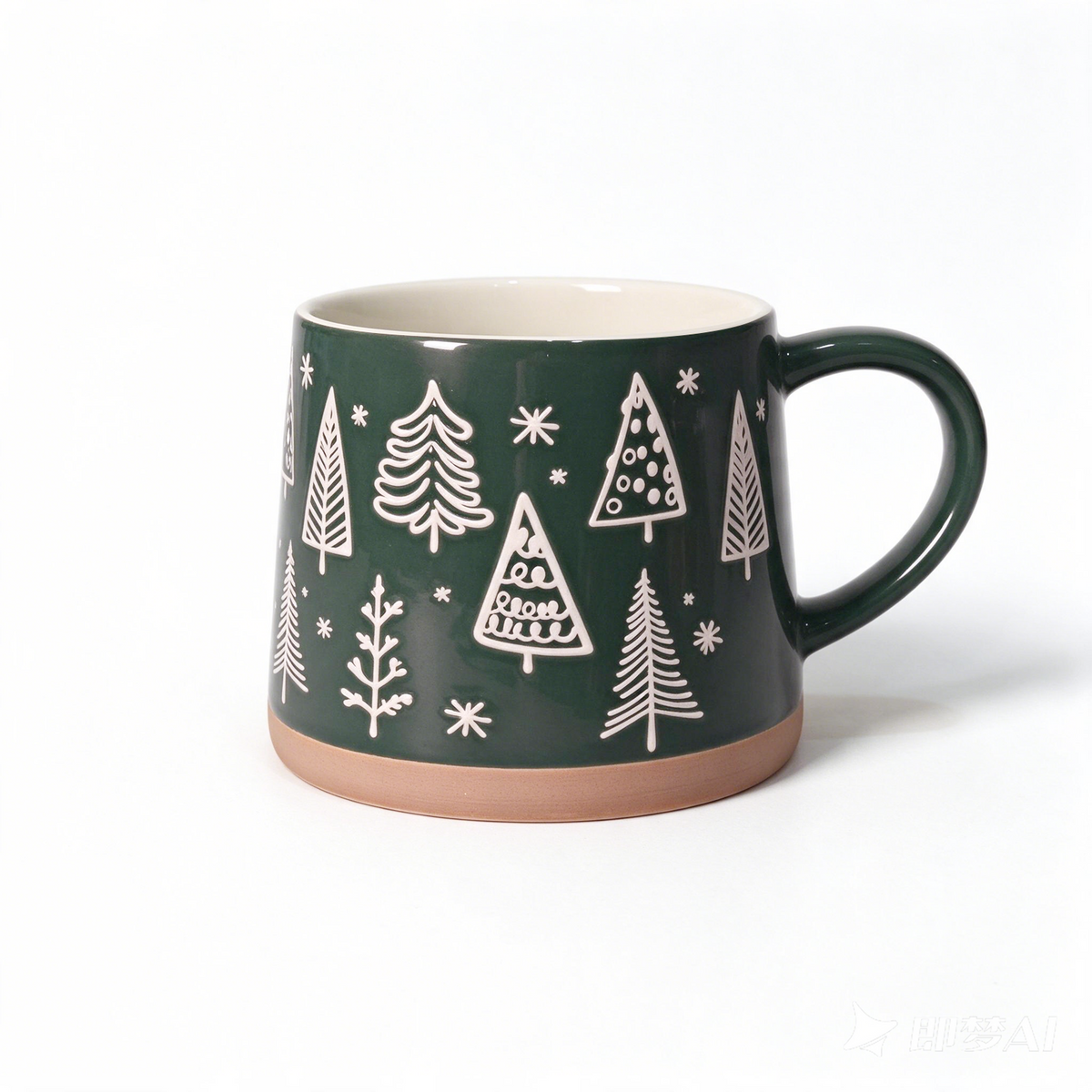 Winter Pines Collection – All‑over Screen Printing, Base Dipped Slip Ceramic Mug Set