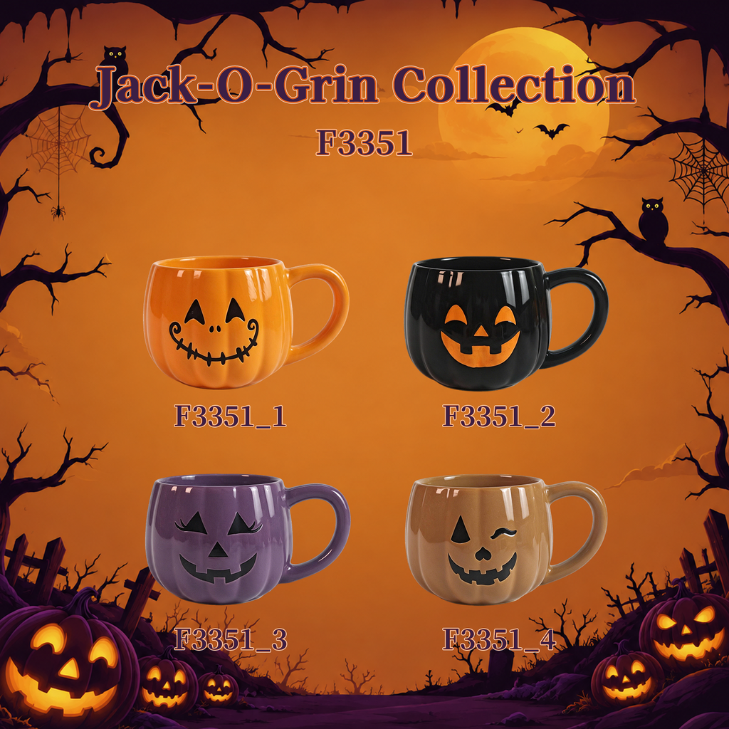 Jack‑O‑Grin Collection – Single‑Side Screen Printing, Colored Glaze Ceramic Mug Set