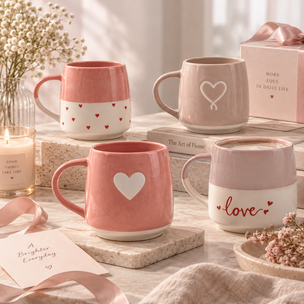 Soft Affection Collection – Screen Printing, Reactive Glaze, Exposed Bisque Ceramic Mug Set