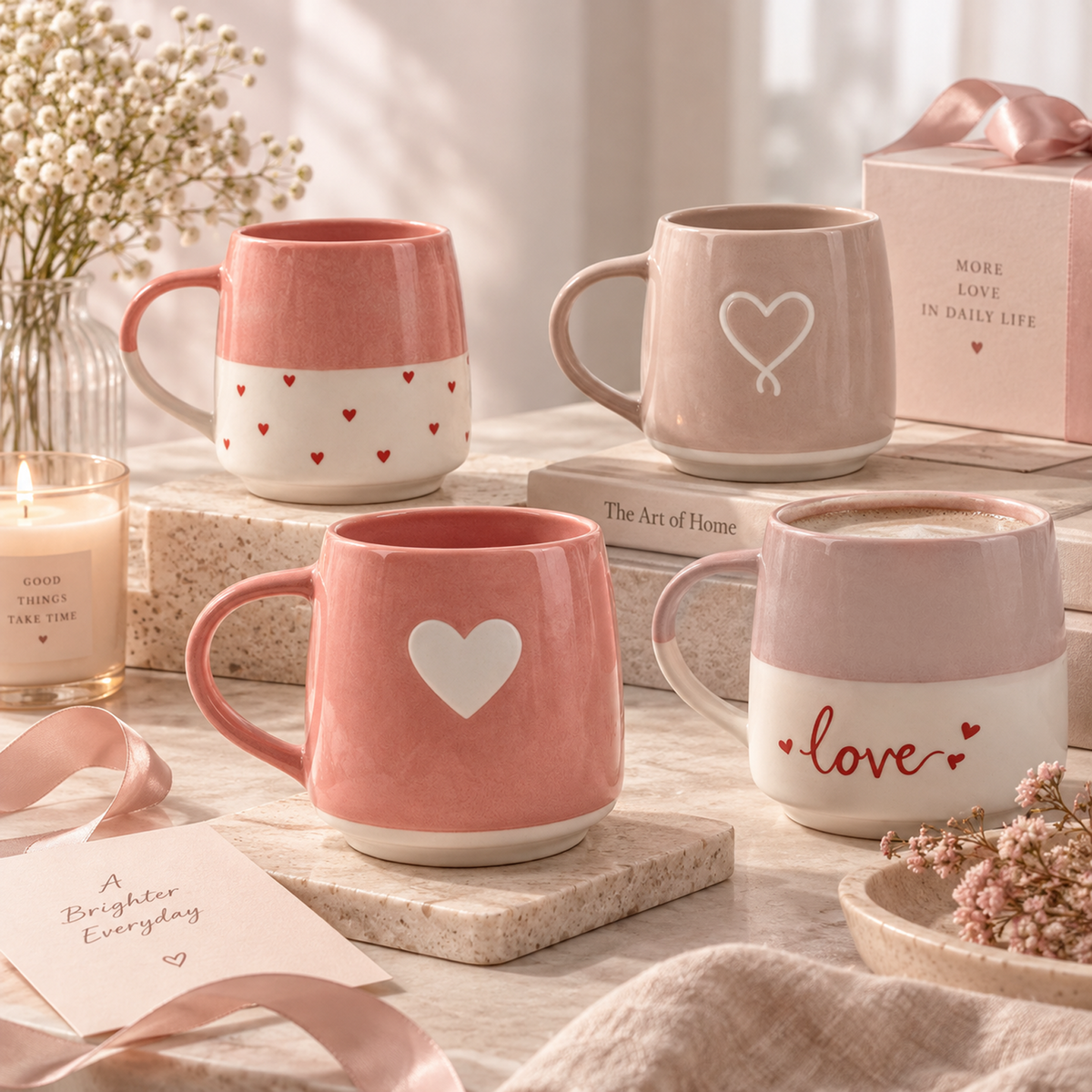 Soft Affection Collection – Screen Printing, Reactive Glaze, Exposed Bisque Ceramic Mug Set