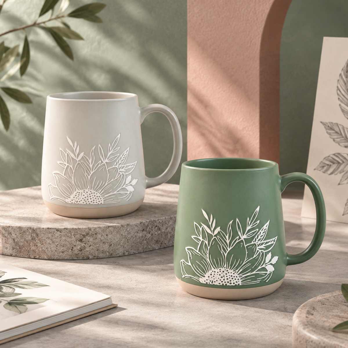 Sunlit Petal Collection – Matte Glaze, Single‑Side Screen Printing, Base‑Dipped Slip Ceramic Mug Set