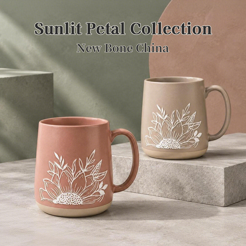 Sunlit Petal Collection – Matte Glaze, Single‑Side Screen Printing, Base‑Dipped Slip Ceramic Mug Set
