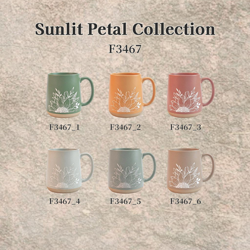 Sunlit Petal Collection – Matte Glaze, Single‑Side Screen Printing, Base‑Dipped Slip Ceramic Mug Set
