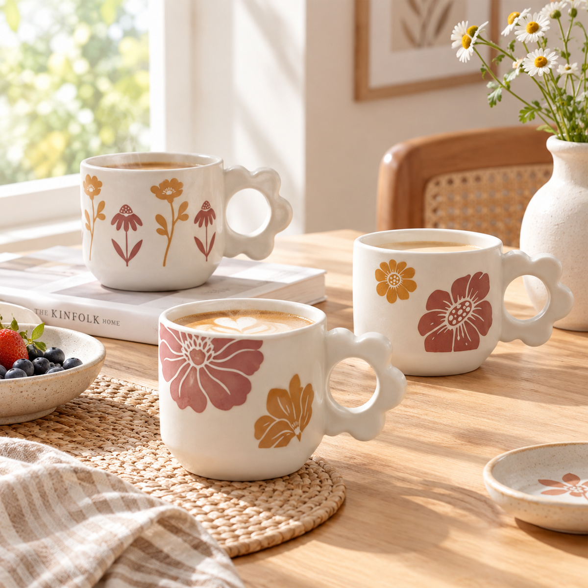Floral Cameo Collection – All-over Registered Screen Printing, Flower-shaped Handle Ceramic Mug Set