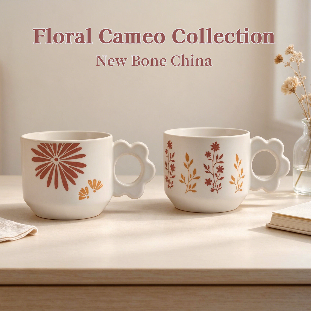 Floral Cameo Collection – All-over Registered Screen Printing, Flower-shaped Handle Ceramic Mug Set
