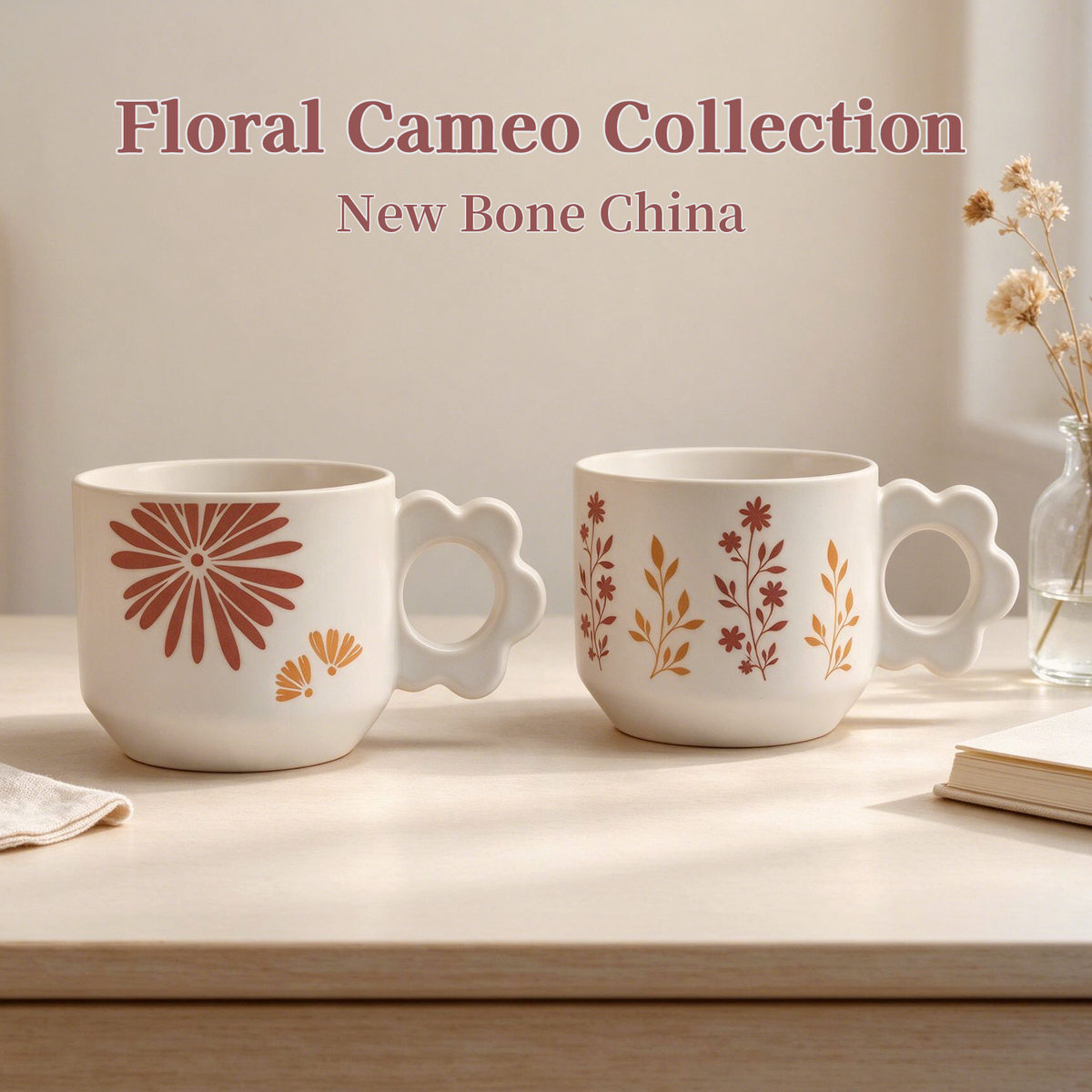 Floral Cameo Collection – All-over Registered Screen Printing, Flower-shaped Handle Ceramic Mug Set