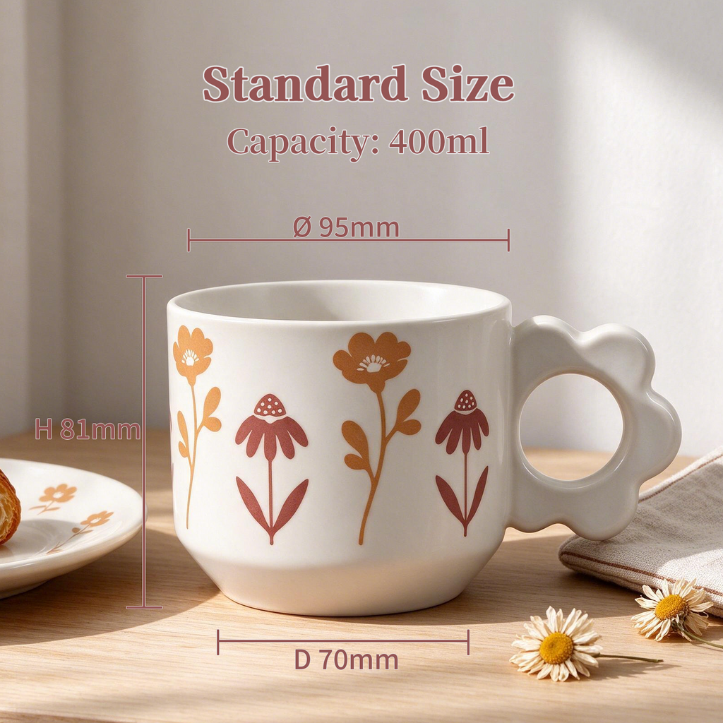Floral Cameo Collection – All-over Registered Screen Printing, Flower-shaped Handle Ceramic Mug Set